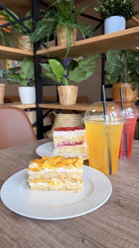 Strawberry and mango cake slices with iced fruit drinks at Wish Delish