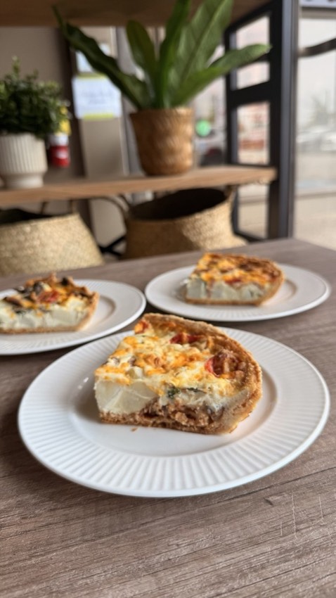 Savory quiche slices with mushroom and tomato filling at Wish Delish