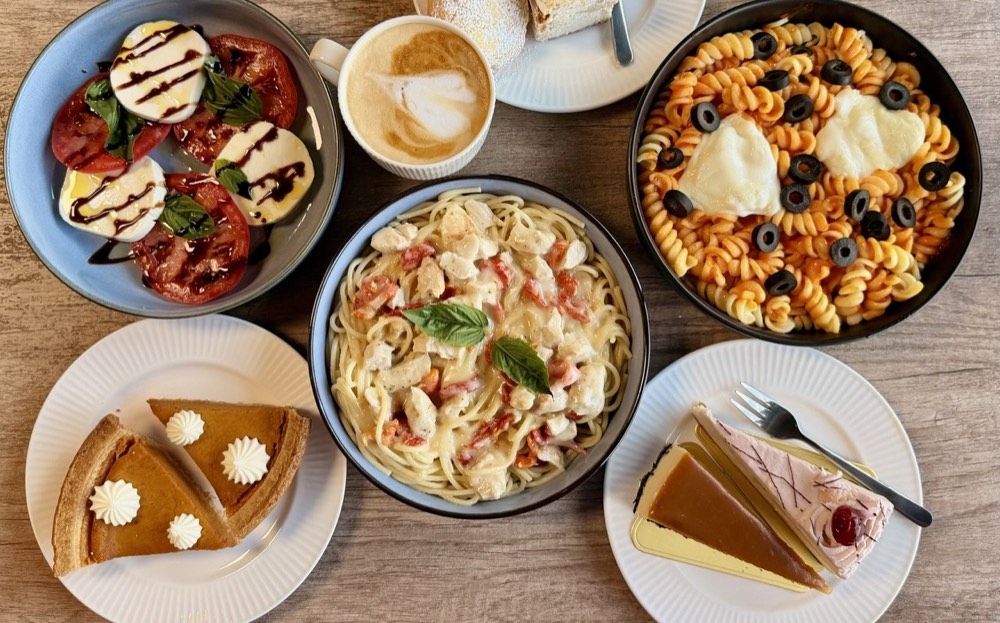 Caprese salad, chicken pasta, fusilli, pumpkin pie and cheesecake at Wish Delish Cafe-Bistro